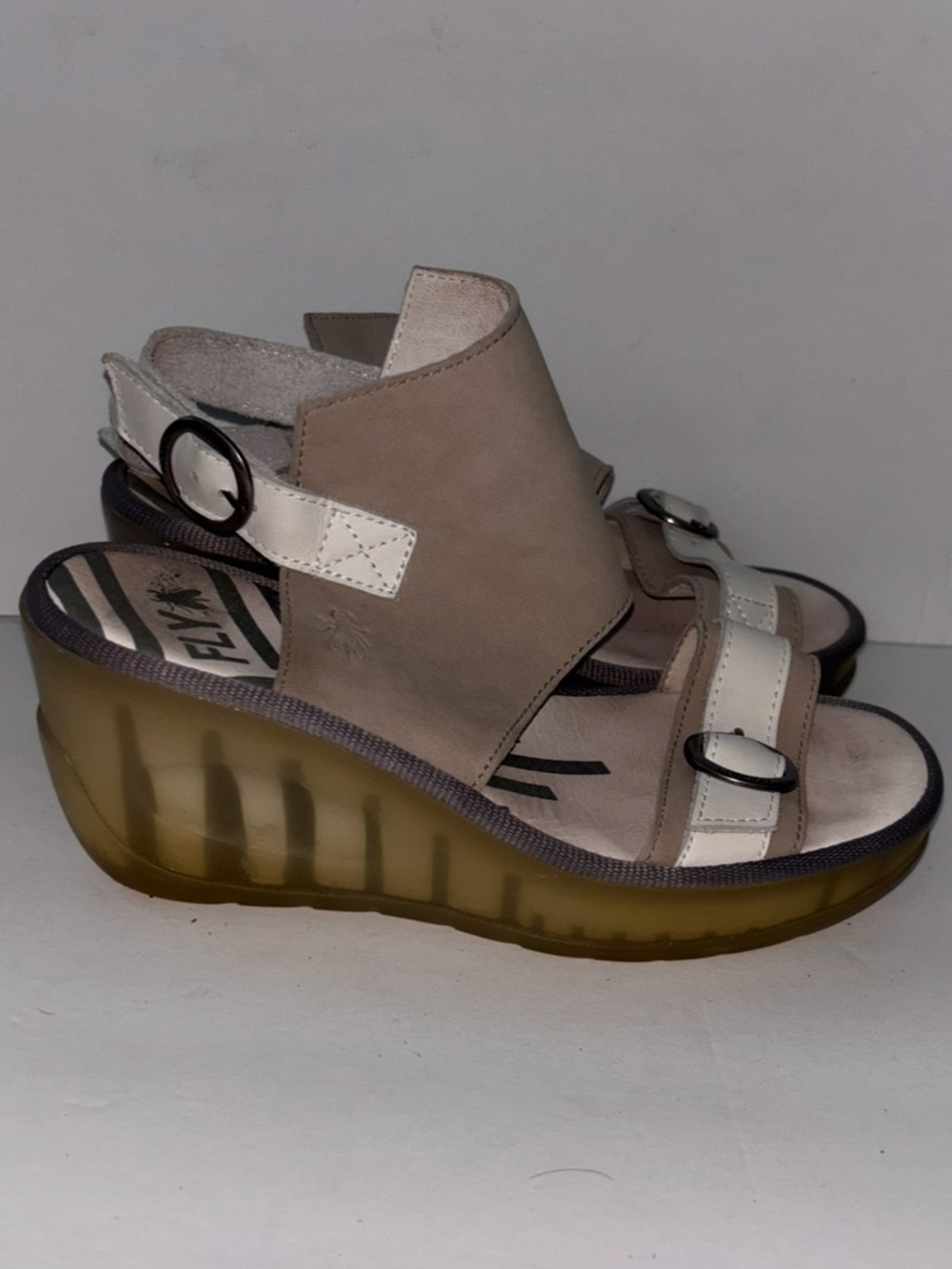 FLY London Leather Jeno Wedge Sandals Tan Ankle Strap Transparent Size 37 US 6